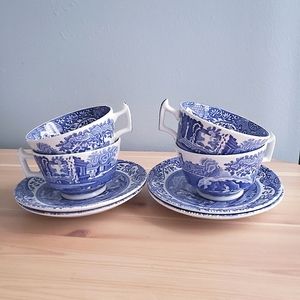 Spode Blue Italian C.1816 M Teacups and Saucers Set of 4
